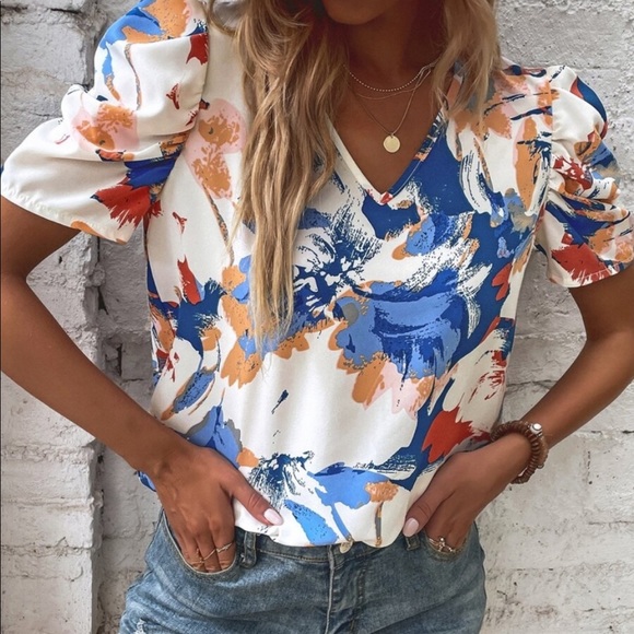 Boho White Floral Print Puff Sleeve Top Blouse - Picture 2 of 5